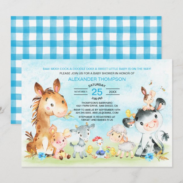 Invitation Watercolor Farm Animaux Baby shower garçon (Devant / Derrière)
