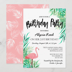 Invitation Watercolor Flamant rose Tropical Birthday Party