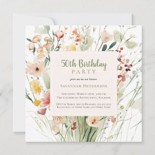Invitation Watercolor Fleur sauvage 50e fête d'anniversaire