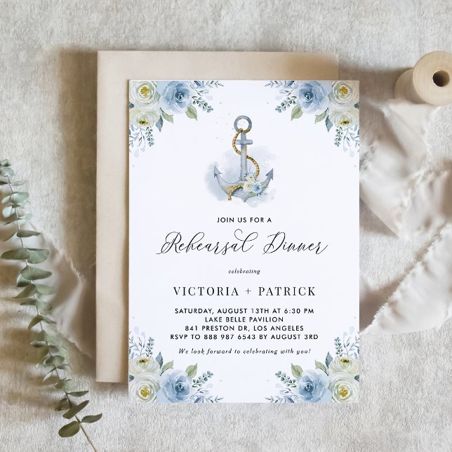 Invitation Watercolor Floral Anchor Nautical Rehearsal Dinner (Seaside rehearsal dinner invitation featuring watercolor floral anchor and blue and white flowers. )