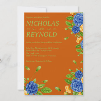 Invitation Watercolor Floral Blue & Burnt Orange Wedding
