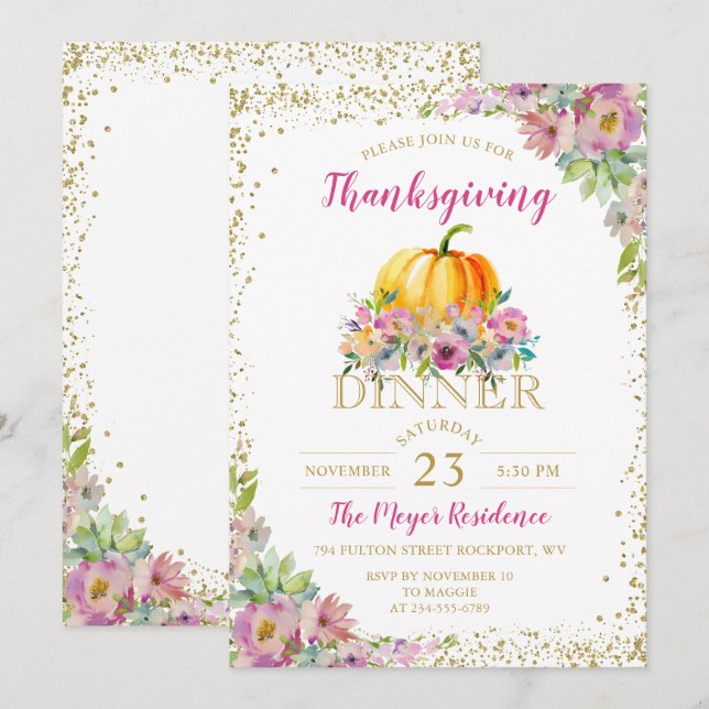Invitation Watercolor Floral Citrouille Thanksgiving Invitati (Devant / Derrière)