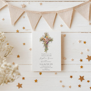 Invitation Watercolor Floral Cross Élégant Baptême