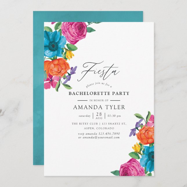 Invitation Watercolor Floral Fiesta Bachelorette Party (Devant / Derrière)
