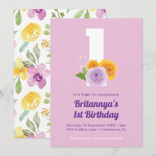 Invitation Watercolor Floral Girl's 1st Birthday Party