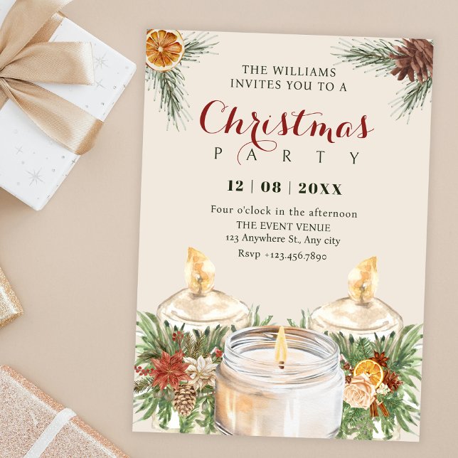 Invitation Watercolor floral leaves christmas candles (Créateur téléchargé)