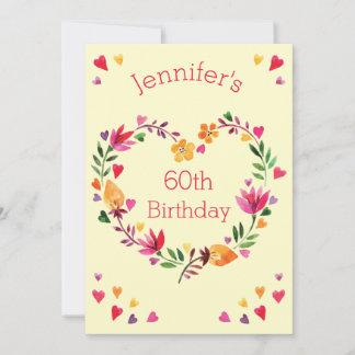 Invitation Watercolor Floral Love Heart Wreath 60th Birthday