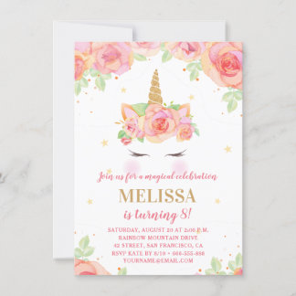 Invitation Watercolor Floral Magique Unicorn fête d'anniversa