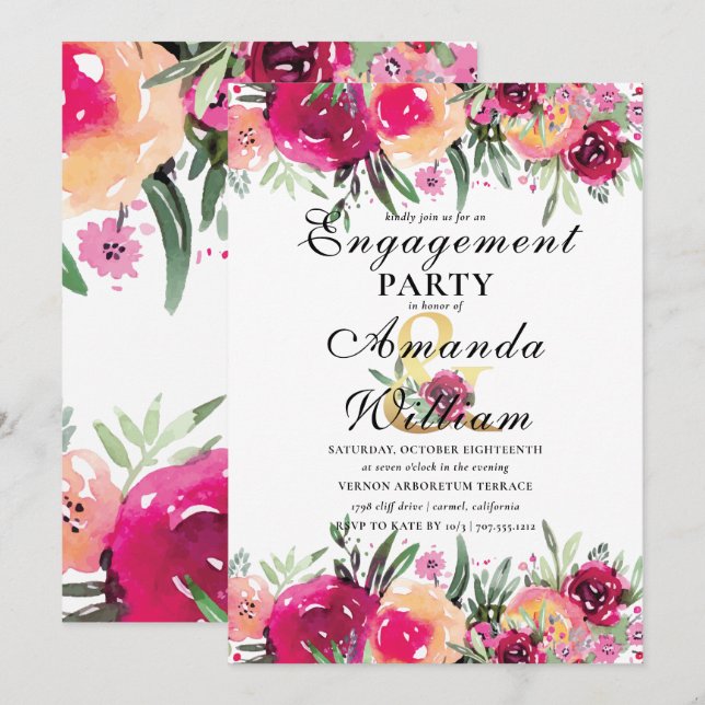 Invitation Watercolor Floral Pink Engagement Party (Devant / Derrière)