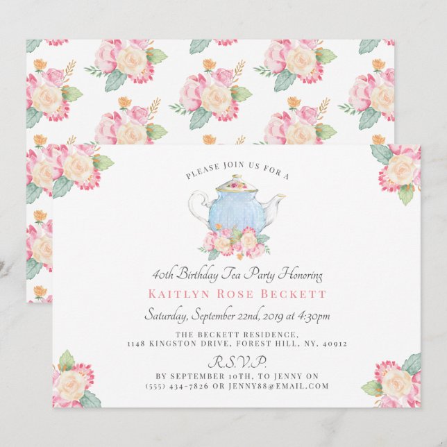 Invitation Watercolor Floral Tea Party | Anniversaire (Devant / Derrière)