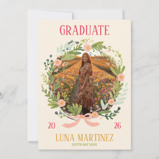 Invitation Watercolor Floral Wreath Photo Graduation