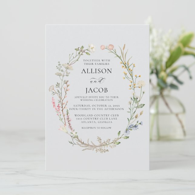 Invitation Watercolor Floral Wreath Soft Blue Wedding (Debout devant)