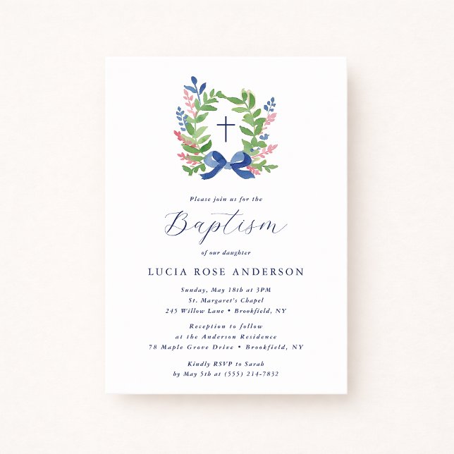 Invitation Watercolor Foliage Wreath Blue Bow Baptism  (Créateur téléchargé)