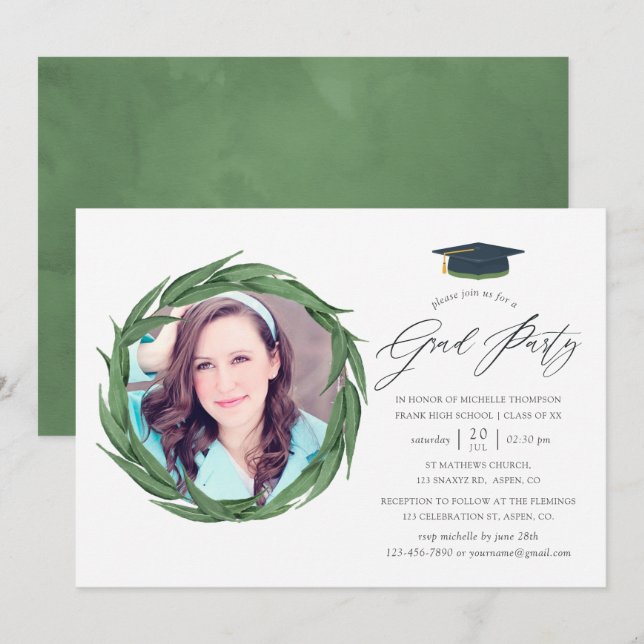 Invitation Watercolor Forest Green Graduation Party (Devant / Derrière)