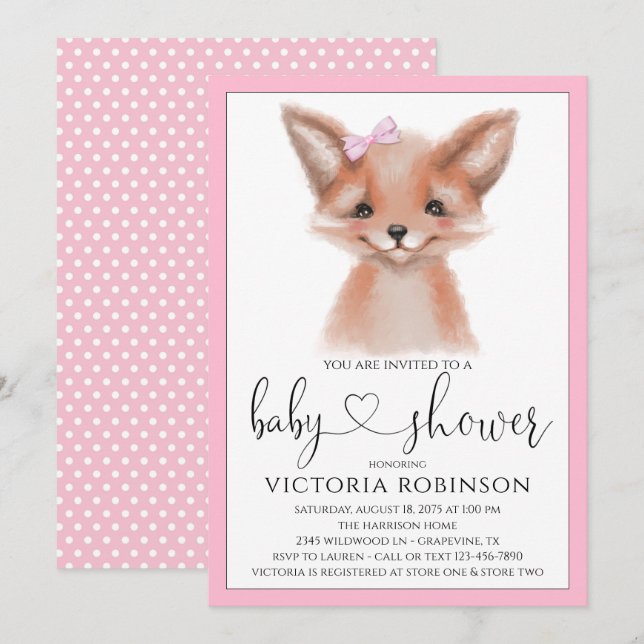 Invitation Watercolor Fox Girl Woodland Baby shower (Devant / Derrière)