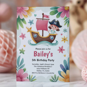 Invitation Watercolor Girls Pirate Birthday Party