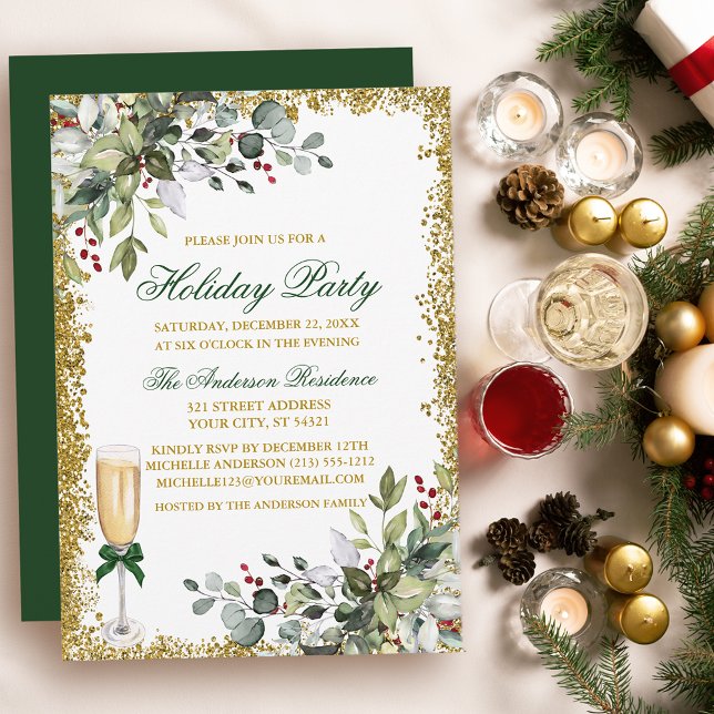 Invitation Watercolor Green Berries Parties scintillant Fête  (Customize to change text color, size, style or to change color of back of card.)
