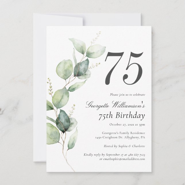 Invitation Watercolor Greenery 75th Birthday Script (Devant)
