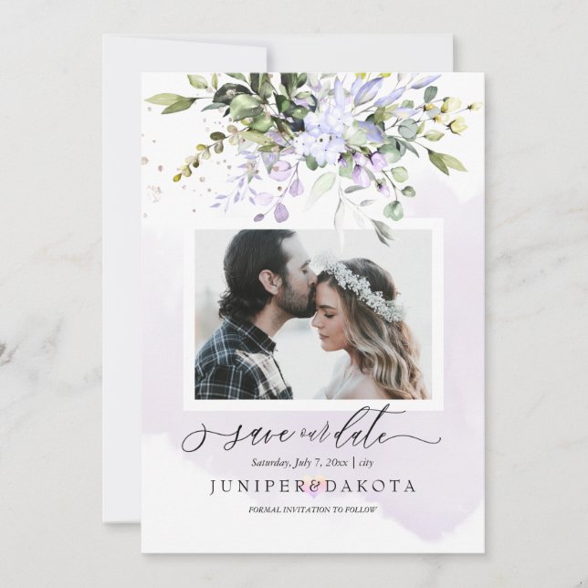 Invitation Watercolor Greenery Blush Pink Dusty Purple (Devant)