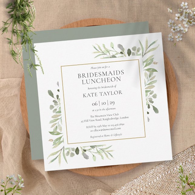 Invitation Watercolor Greenery Bridesmaids Luncheon Carré (Créateur téléchargé)