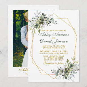 Invitation Watercolor Greenery Gold Geo Frame Photo Mariage