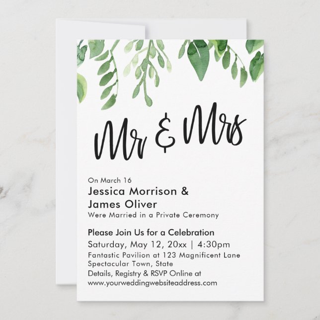 Invitation Watercolor Greenery Mr & Mrs Post-Wedding Party (Devant)