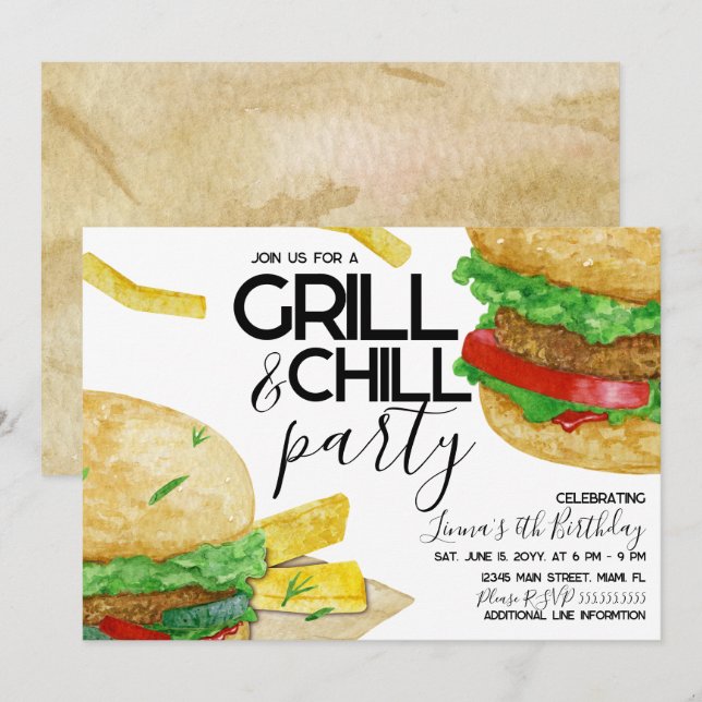 Invitation Watercolor Grilling Burger Fries fête d'anniversai (Devant / Derrière)