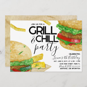 Invitation Watercolor Grilling Burger Fries fête d'anniversai