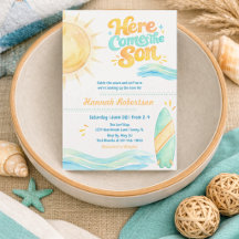 Watercolor Here Comes the Son Baby Shower Invite