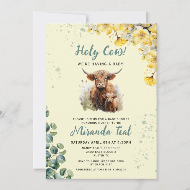 Invitation Watercolor Highland Cow Baby shower (Devant)