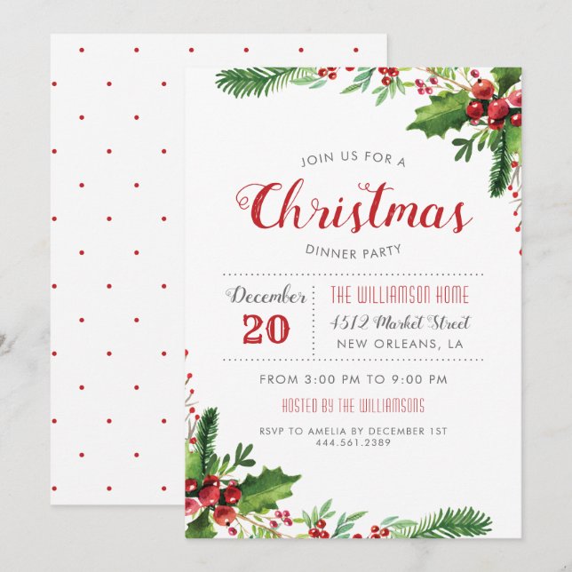 Invitation Watercolor Holly Branches Dîner de Noël (Devant / Derrière)
