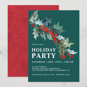 Invitation Watercolor Holly et Berries Turquoise Holiday Part
