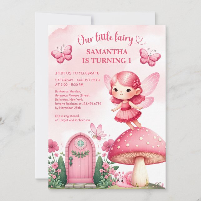 Invitation Watercolor hot rose fée jardin fille (Devant)