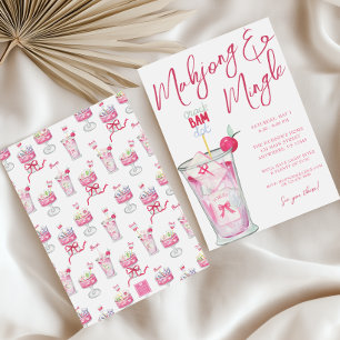 Invitation Watercolor Hot rose Mahjong Cocktails Party