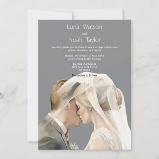 Invitation Watercolor ivory grey couple photo Wedding 