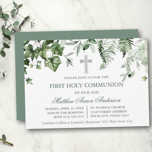 Invitation Watercolor Ivy Ferns Sage Green Communion (Customize to change text color, text style or color of back of card.)