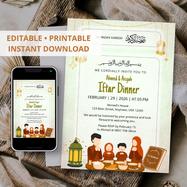 Invitation Watercolor Lantern & Quran Night Design Iftar (Créateur téléchargé)
