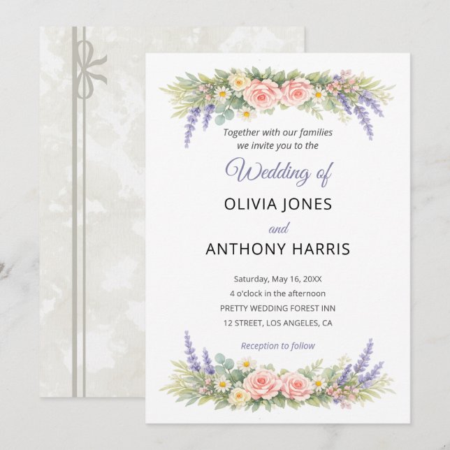 Invitation Watercolor Lavender Eucalyptus Rose Wedding (Devant / Derrière)