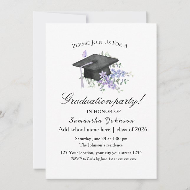 Invitation Watercolor Lavender  Purple Floral Graduation  (Devant)