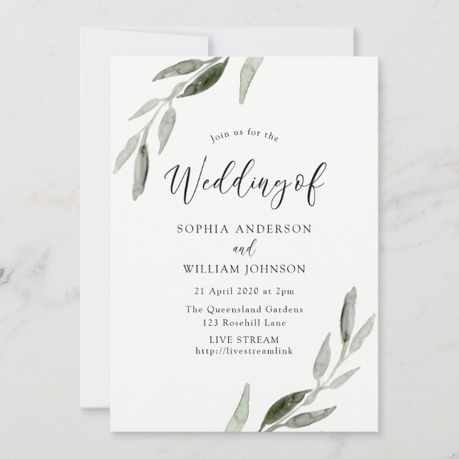 Invitation Watercolor Leaf Mariage incl. option Live Stream (Devant)