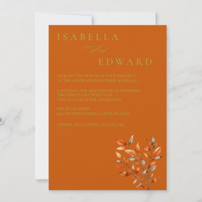 Invitation Watercolor Leaves Burnt Orange Wedding (Devant)
