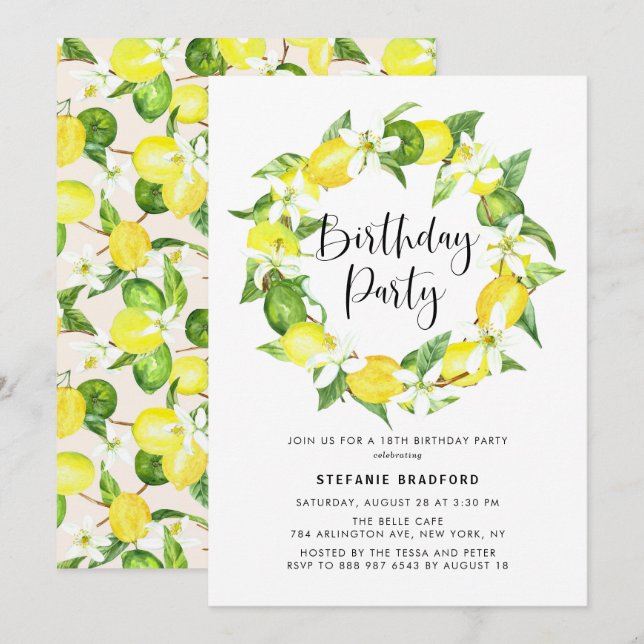 Invitation Watercolor Lemon Blossom Wreath fête d'anniversair (Devant / Derrière)