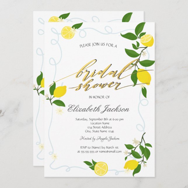 Invitation Watercolor Lemons Frame Bridal Shower  (Devant / Derrière)