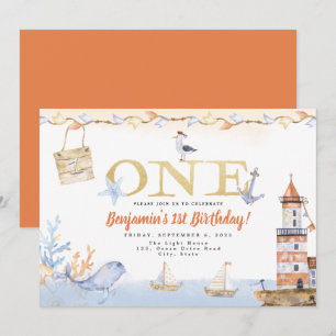 Invitation Watercolor Light House Nautical Boy 1er anniversai