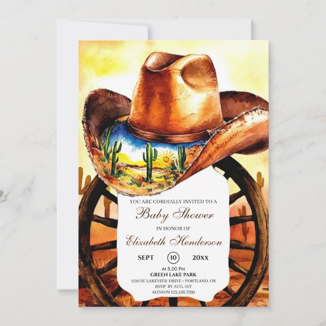 Invitation Watercolor Little Rodeo Cowboy Baby shower (Devant)