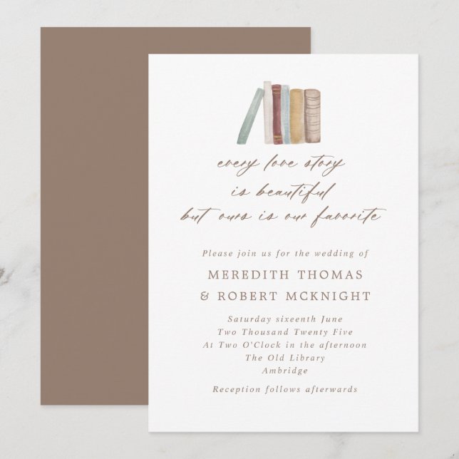 Invitation Watercolor Livres Chaque histoire d'amour Mariage  (Devant / Derrière)
