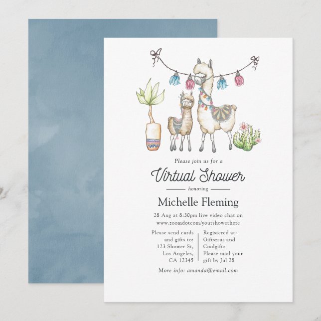 Invitation Watercolor Llama thème Baby shower virtuel (Devant / Derrière)