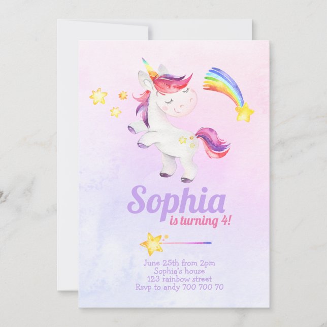 Invitation Watercolor Magique Unicorn Rainbow Pastel Annivers (Devant)