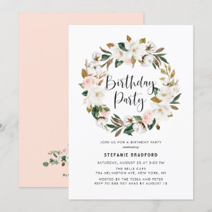 Invitation Watercolor Magnolia Cotton Wreath fête d'anniversa