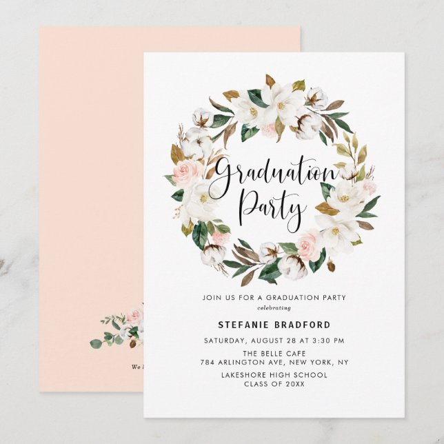 Invitation Watercolor Magnolia Cotton Wreath Graduation Party (Devant / Derrière)
